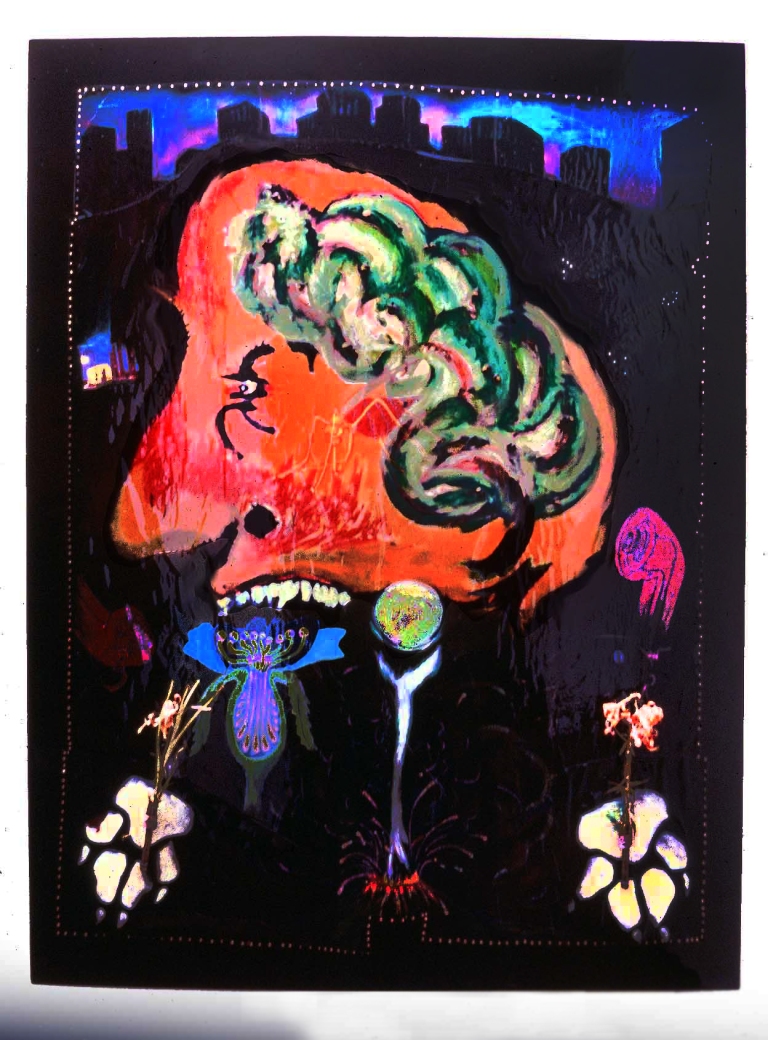 "The Patriarchal Brain", acrylic,collage, pencil, epoxy on panel, 88 x 66 in., 1987. Collection of the artist
